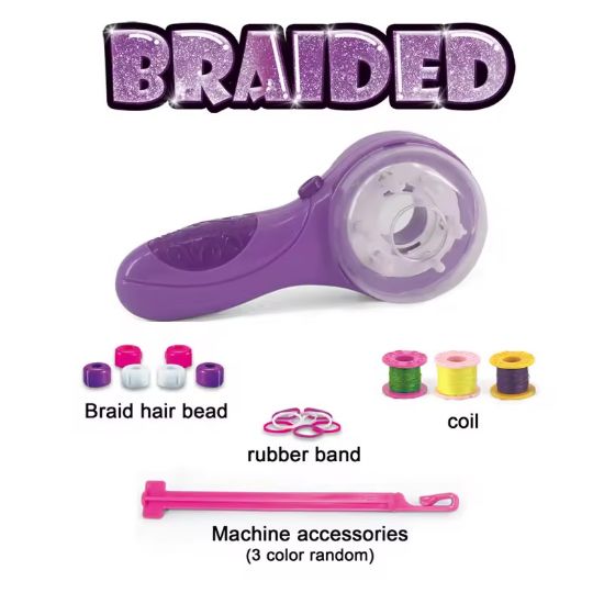 صورة مجموعة تجميل الشعر، ماكينة تجديل، خيوط، أربطة مطاطية